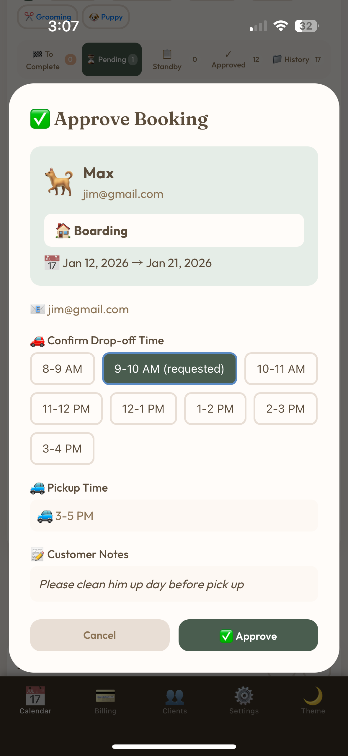 Approve booking modal