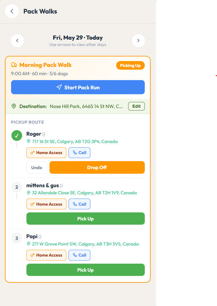 Walker's phone showing a route card: Start Pack Run, the destination park, and a pickup list with Pick Up and Drop Off buttons plus Home Access and Call on each stop