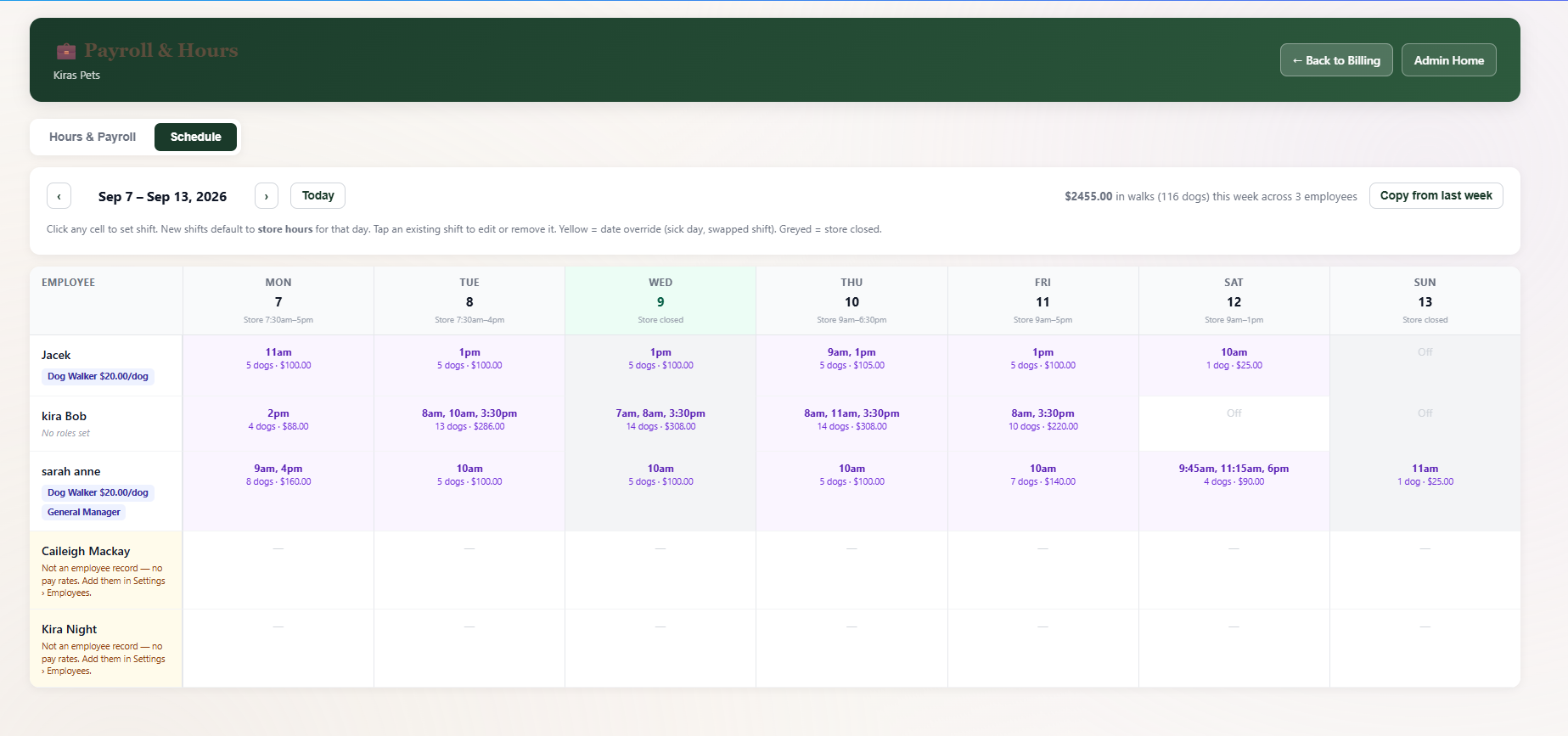 Schedule tab, week of Sep 7 to 13: a grid of walkers by day where each cell lists the walk start times, the number of dogs and the pay for that day, with store hours under each date, a weekly total of $2,455 in walks across 3 employees, and a Copy from last week button
